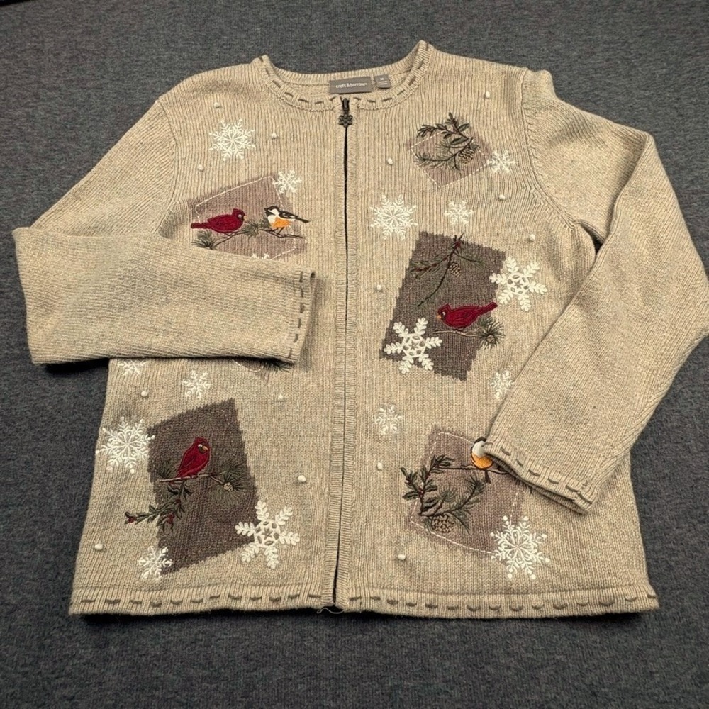 Croft & Barrow Womens Sweater Birds Snowflakes Winter Holiday Silk Blend Sz M‎